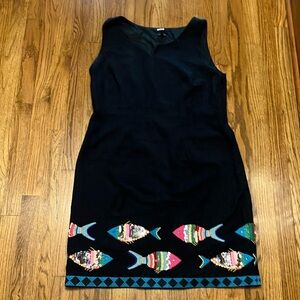 Talbots navy fish sequin sheath dress notched neck sleeveless blue novelty 14